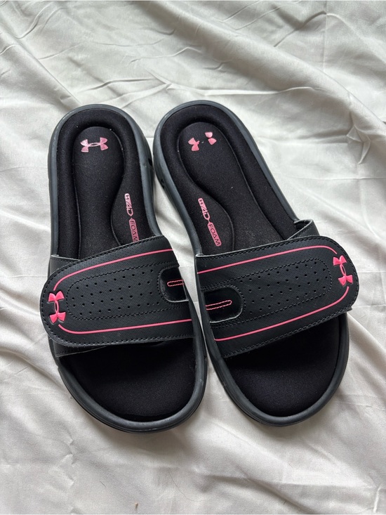 Under Armour Shoes - Under Armour Black Slide Sandals with Pink Logo